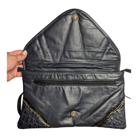 Vtg 1980s Navy Blue Croc Embossed Patchwork Leather Envelope Shoulder Bag - Picture 5 of 6